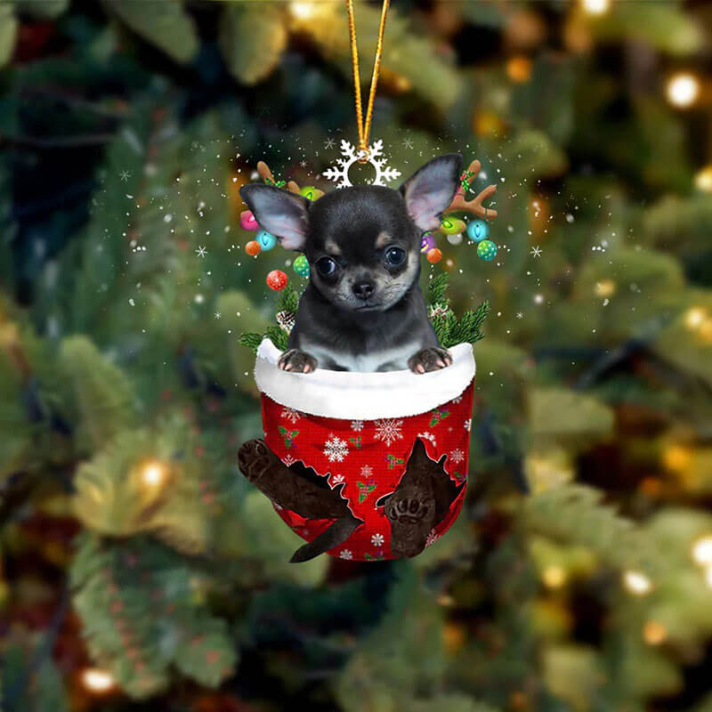 Black Chihuahua In Snow Pocket Christmas Ornament SP062