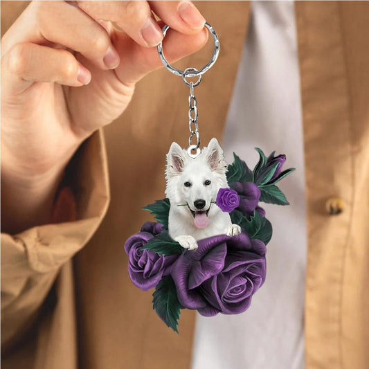 White German Shepherd In Purple Rose Acrylic Keychain PR108