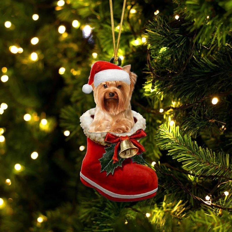 Yorkshire Terrier Gold In Santa Boot Christmas Hanging Ornament SB199
