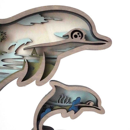 3D Dolphin Wooden Carving Handcraft Gift